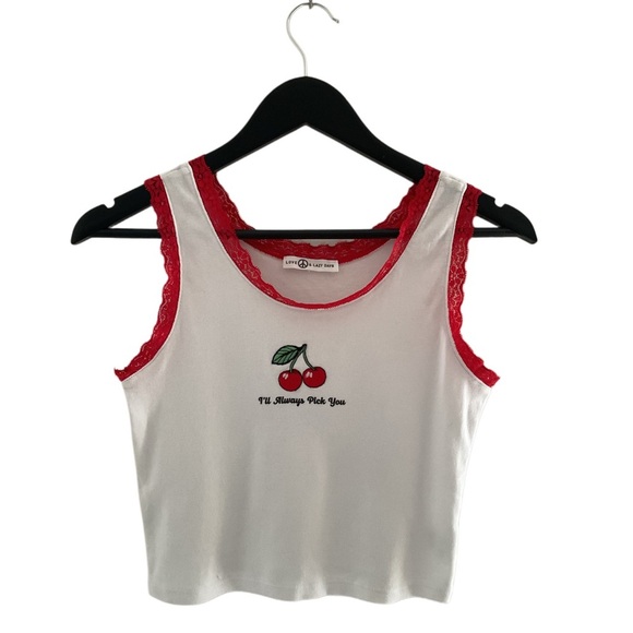 Source Unknown Tops - White & Red Cherry Crop Top